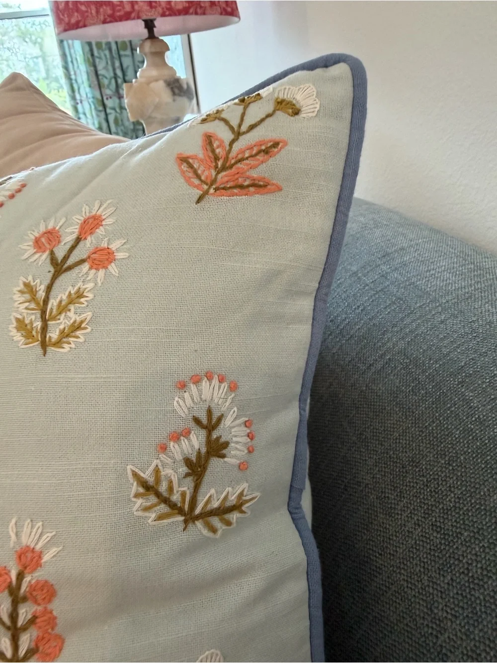 2 Anthropologie Embroidered Floral Accent Pillow - Light Blue Coral
